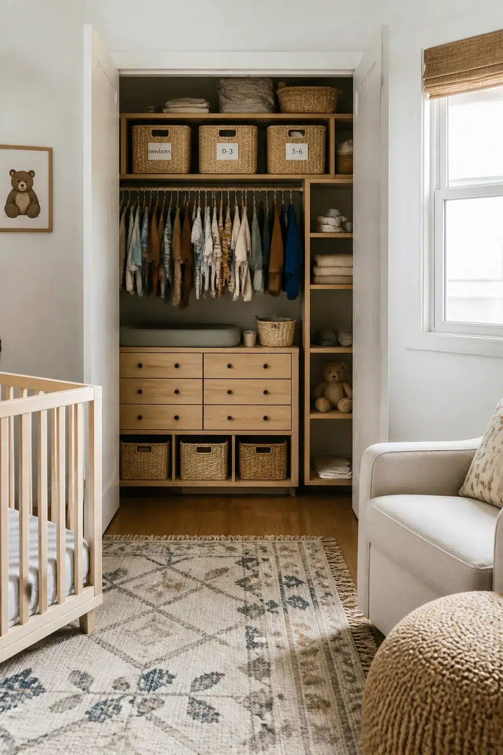 Nursery closet organization tips using wicker bins labeled by baby clothing size on built-in oak shelving.