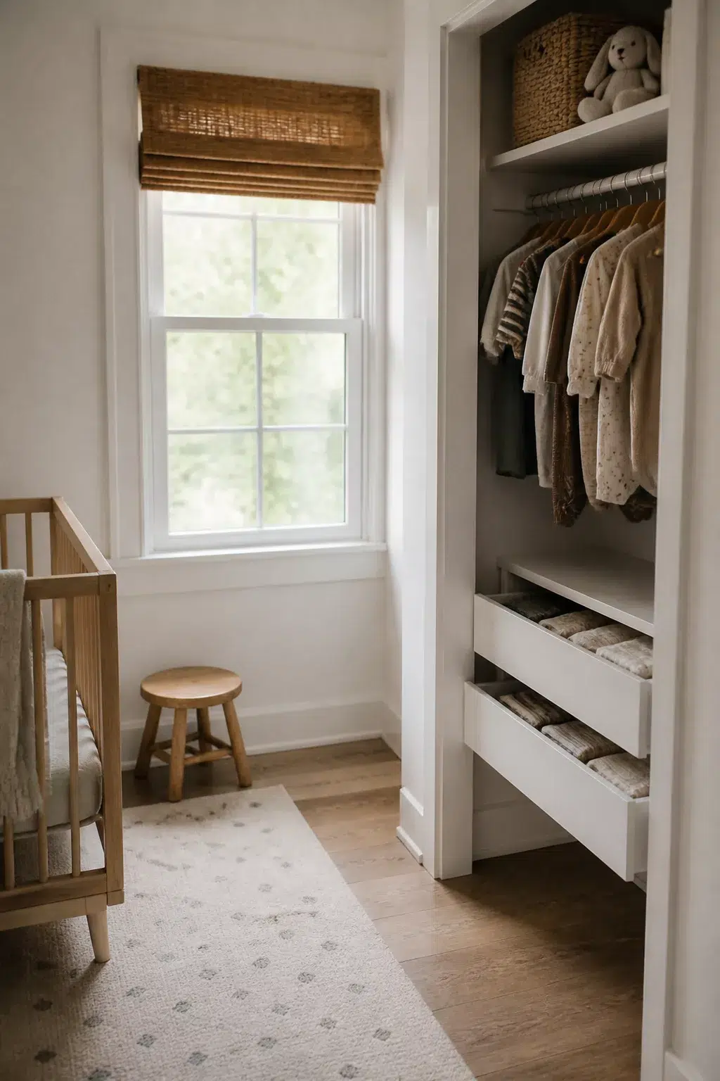 Nursery closet organization tips featuring built-in white pull-out drawers below a hanging rod with baby clothes.