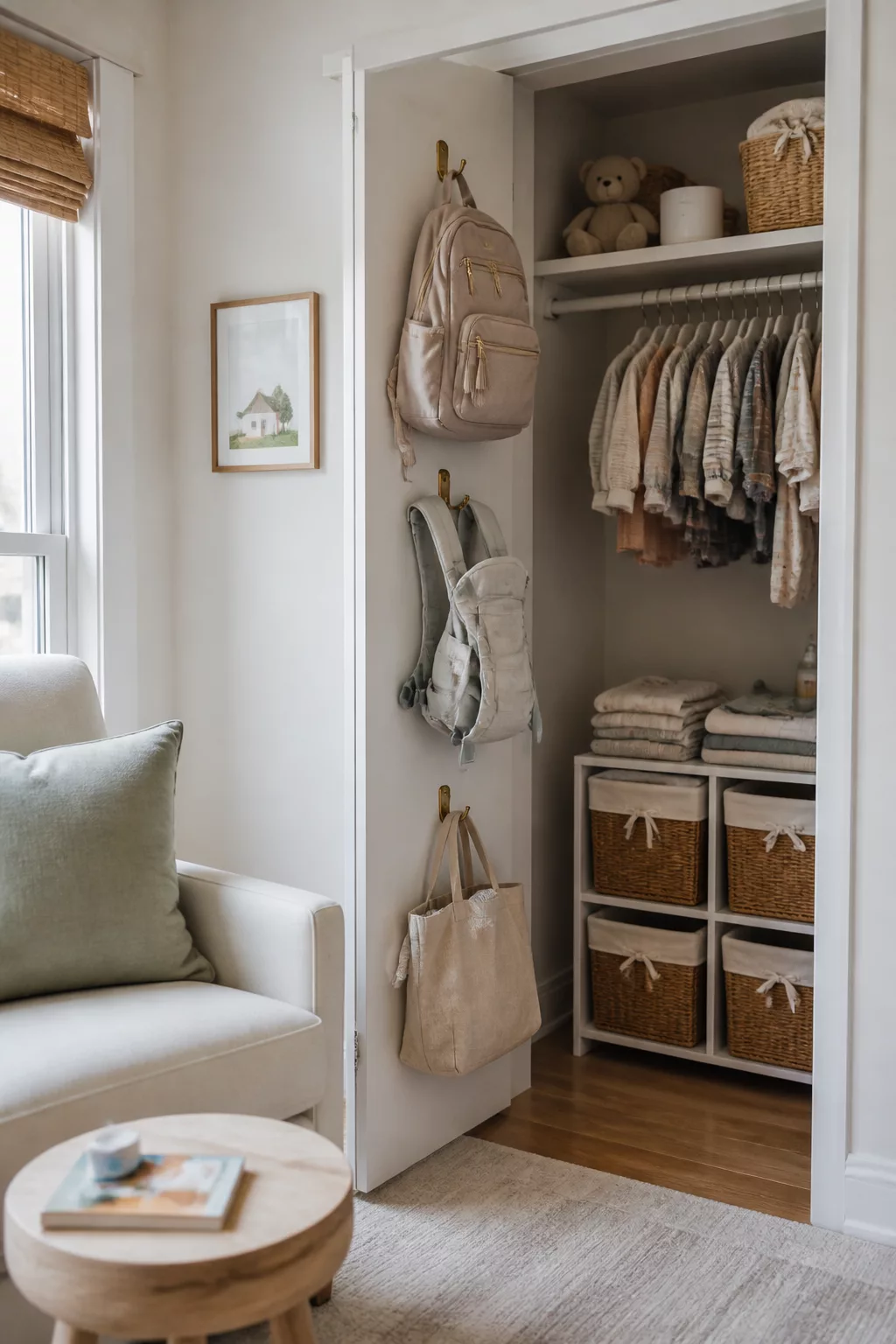 Nursery closet organization tips showing side wall hooks for diaper bags with hanging clothes and wicker storage baskets