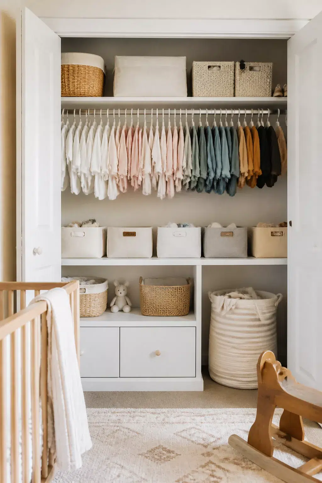 Nursery closet organization tips showing color-coded baby clothes on a full-width hanging rod with linen storage bins below.