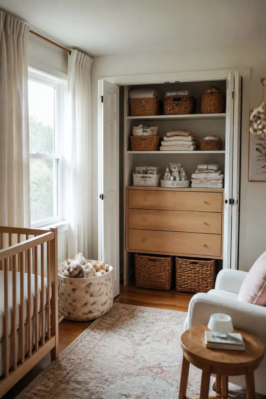 Nursery closet organization tips with a wood dresser, wicker baskets, and open shelving for baby storage.