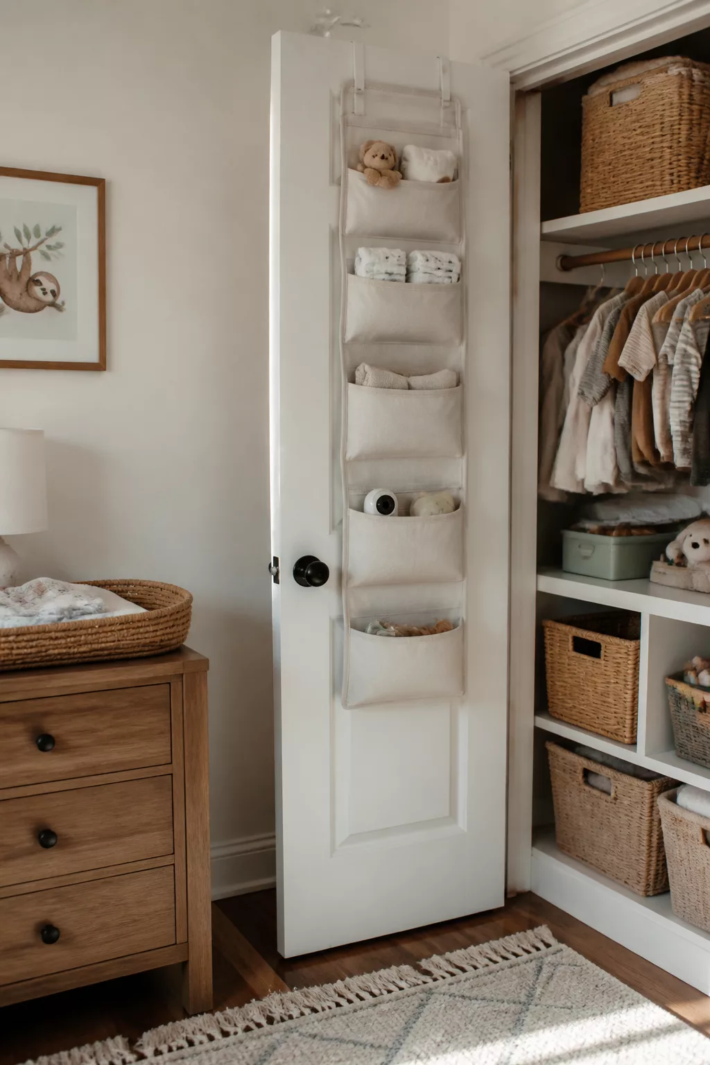 Canvas over-door pocket organizer on nursery closet door — nursery closet organization tips for small spaces