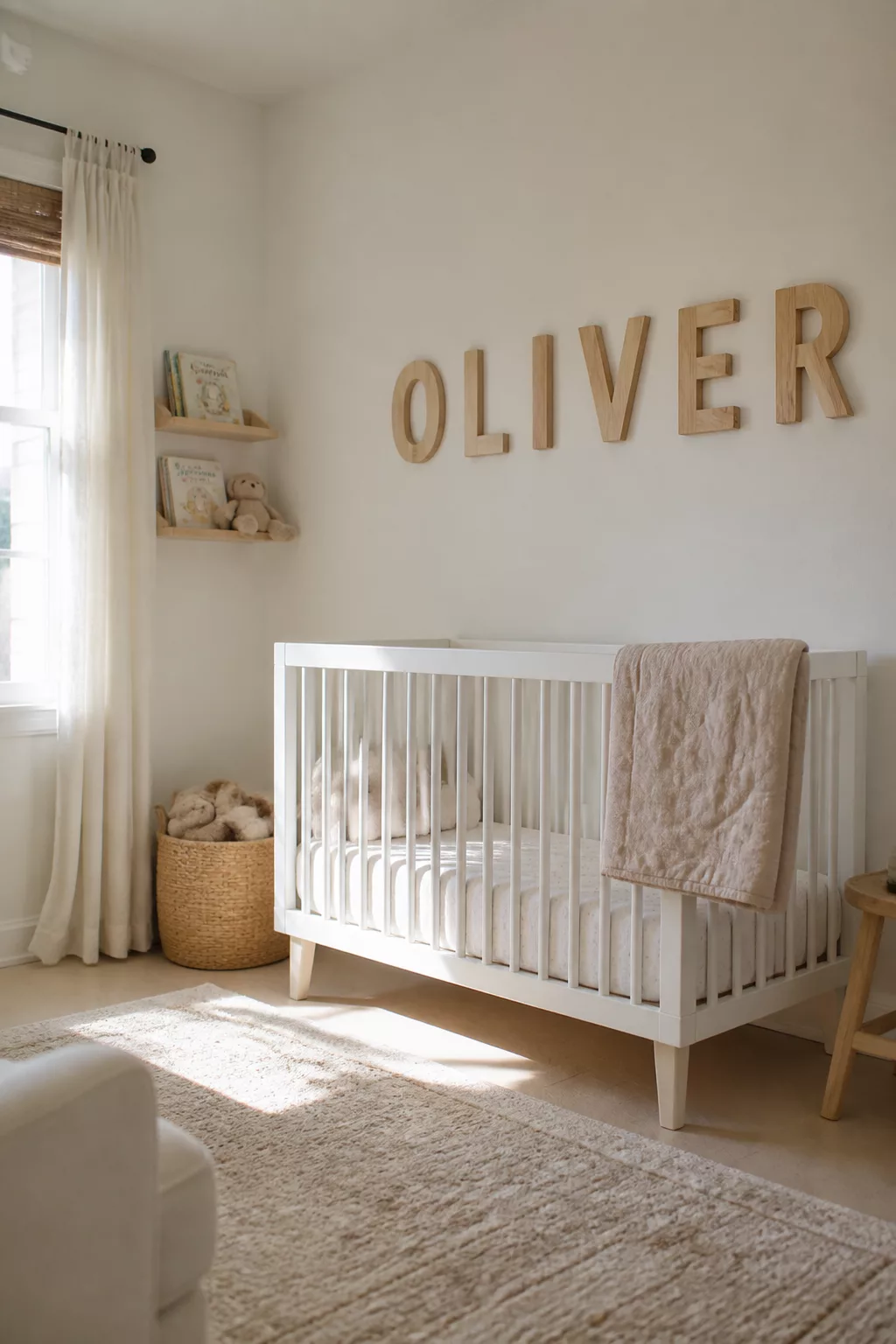 Natural wood block letter nursery name sign spelling OLIVER above a white crib — nursery name signs idea.