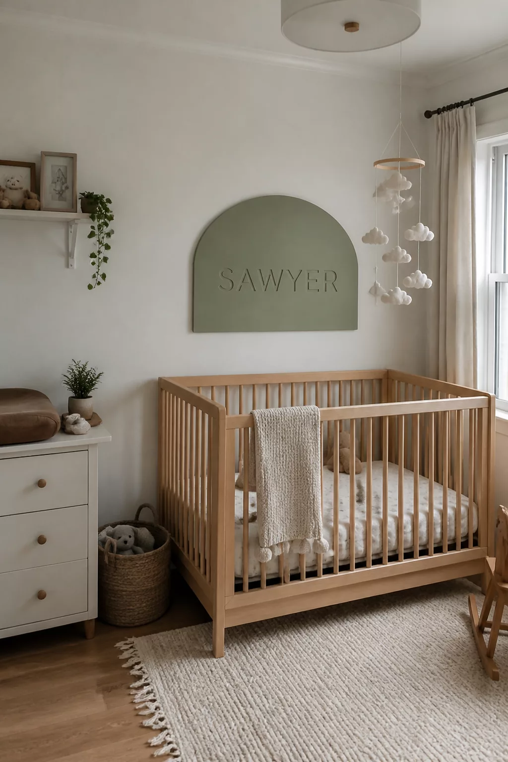 Sage green painted arch nursery name sign on white wall above wooden crib — personalized nursery name signs idea.