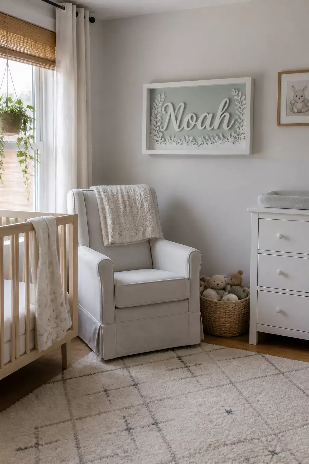 Sage green shadow box nursery name sign reading Noah on a gray nursery wall above a glider chair.