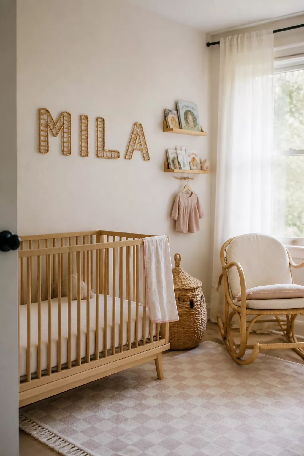 Rattan woven letter nursery name signs spelling MILA above a wood crib in a neutral boho nursery.