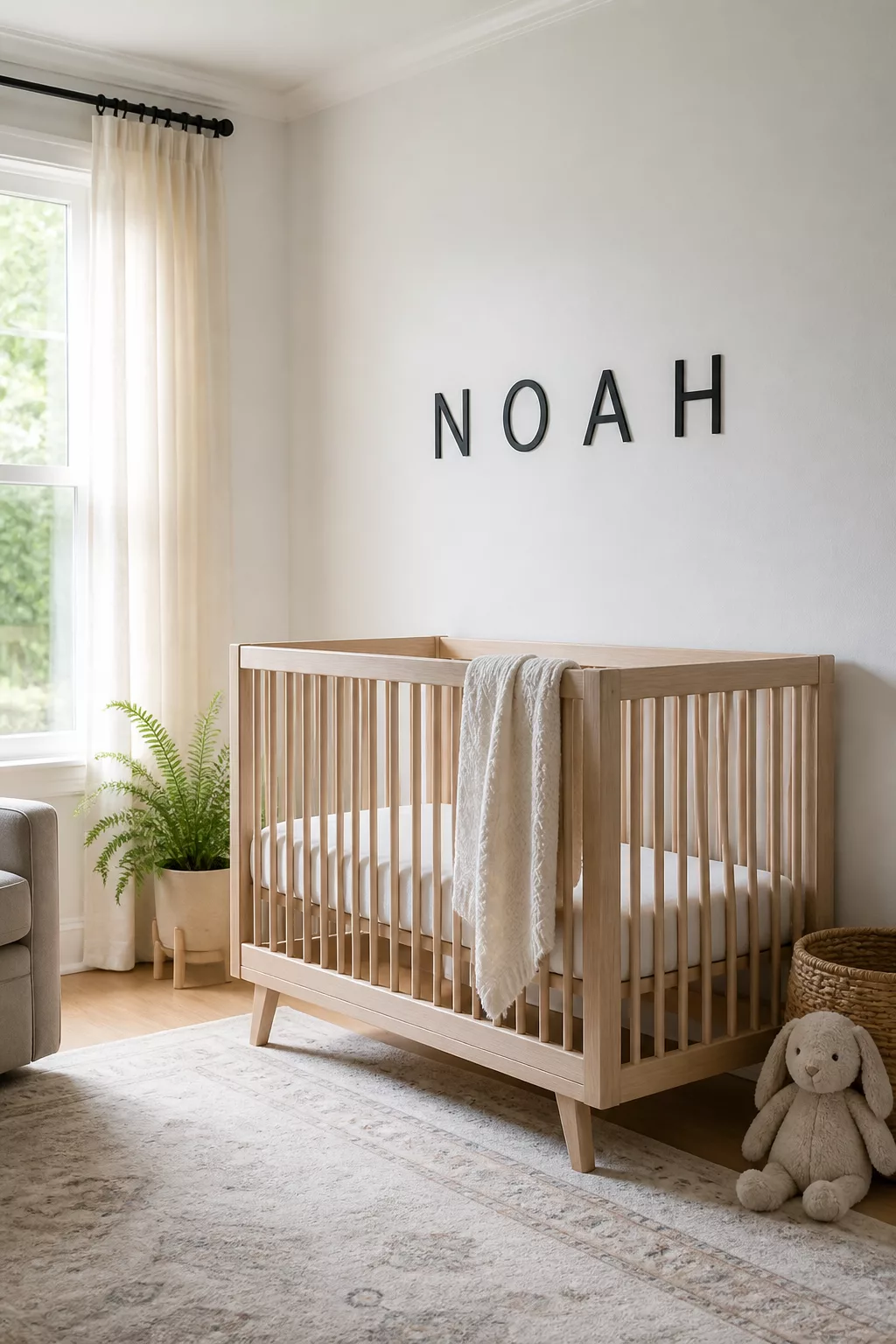 Modern nursery name sign with flat black uppercase letters on a white wall above a light wood crib — nursery name signs idea.