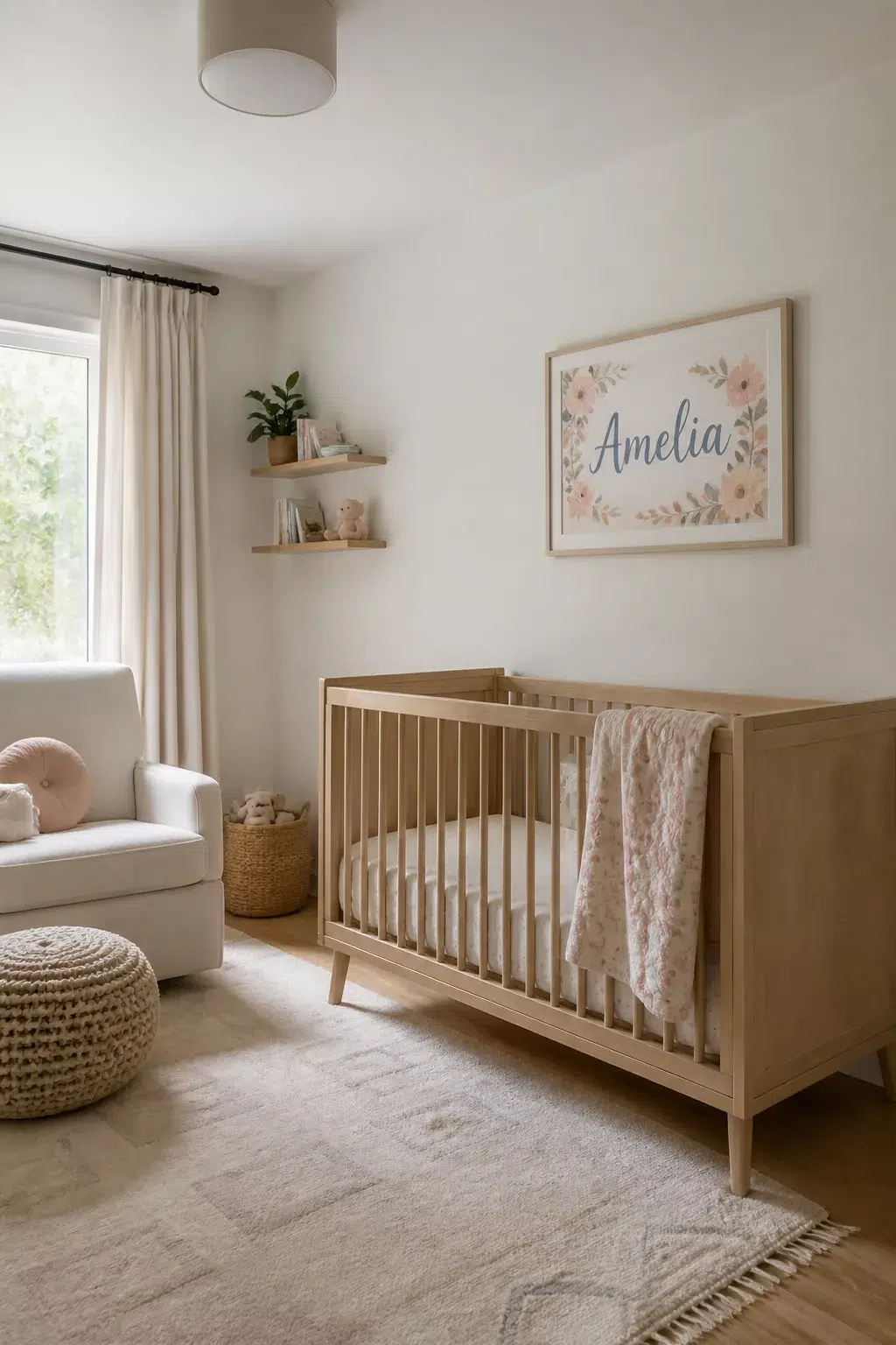 Floral watercolor nursery name sign on white wall above wooden crib — soft pink blooms & script lettering