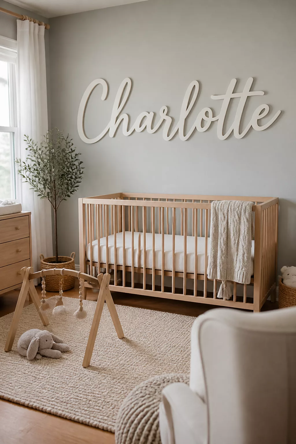 White oversized script nursery name sign above a natural wood crib on a gray nursery wall.