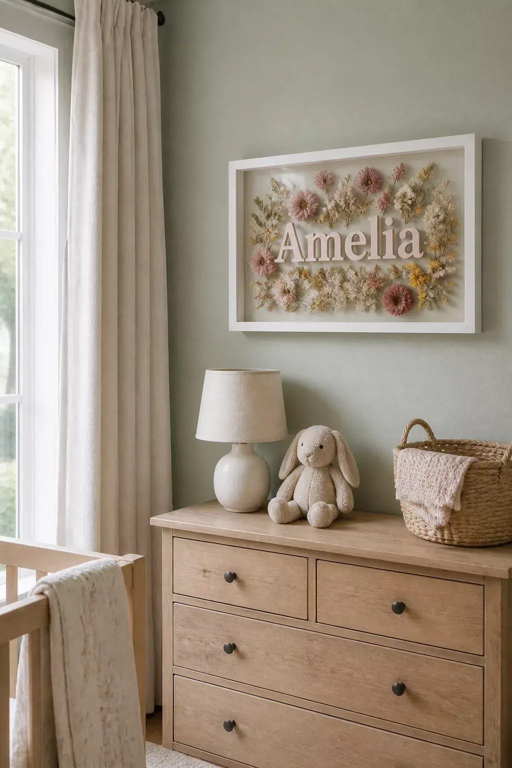 Pressed flower nursery name sign in white frame on sage green wall above wood dresser — nursery name signs idea.