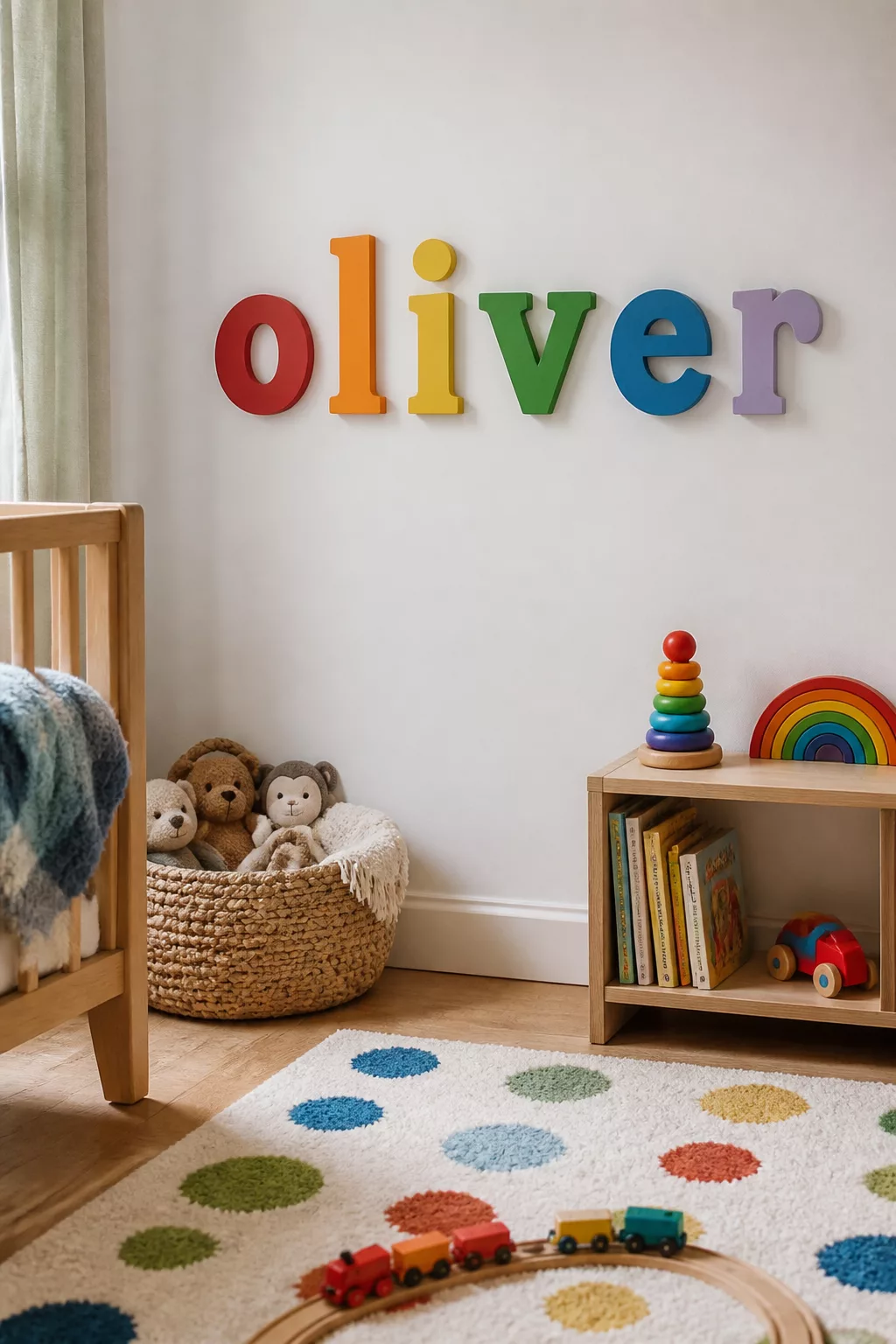 Colorful rainbow wooden nursery name sign spelling Oliver on a white nursery wall above toys and books.