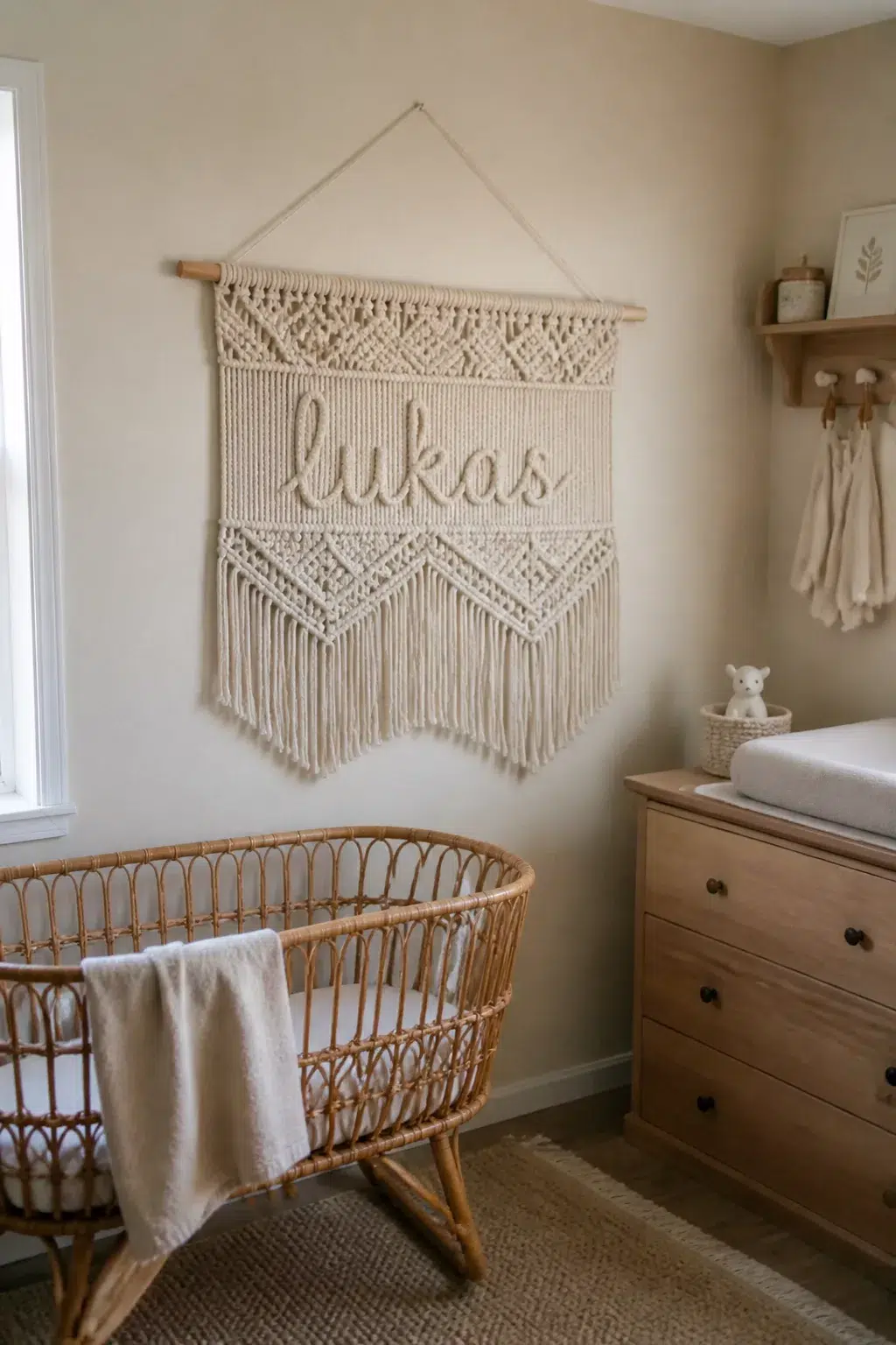 Cream macrame nursery name sign for Lukas hanging above a rattan bassinet — boho nursery name signs idea.
