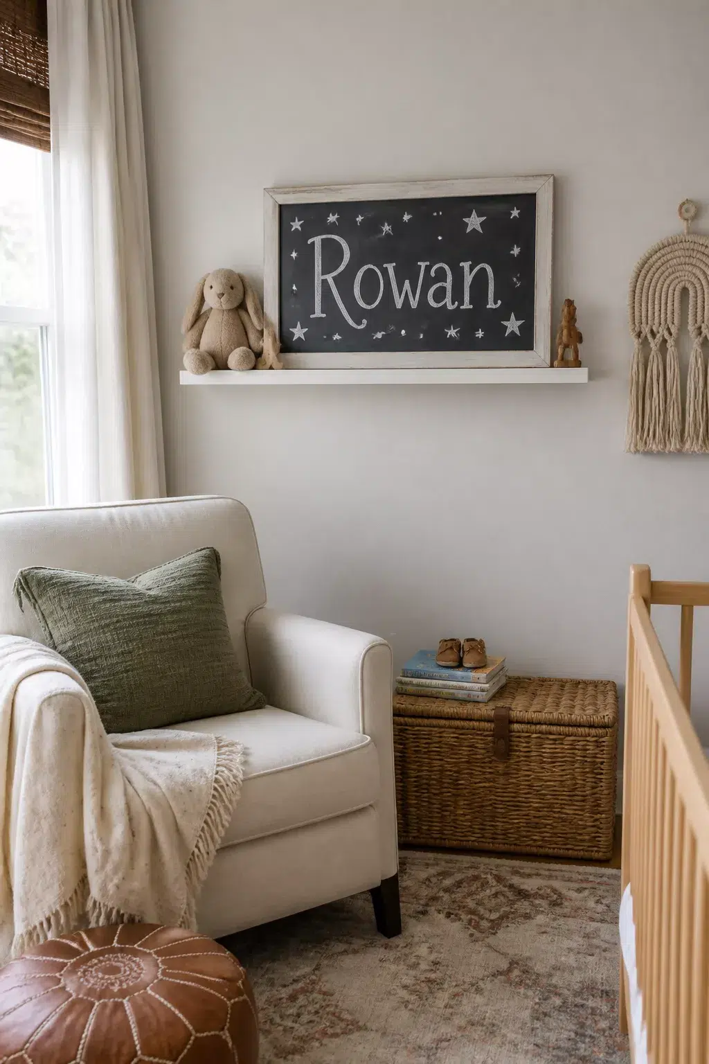 Dark chalkboard nursery name sign with stars on floating shelf above white glider chair — nursery name signs idea