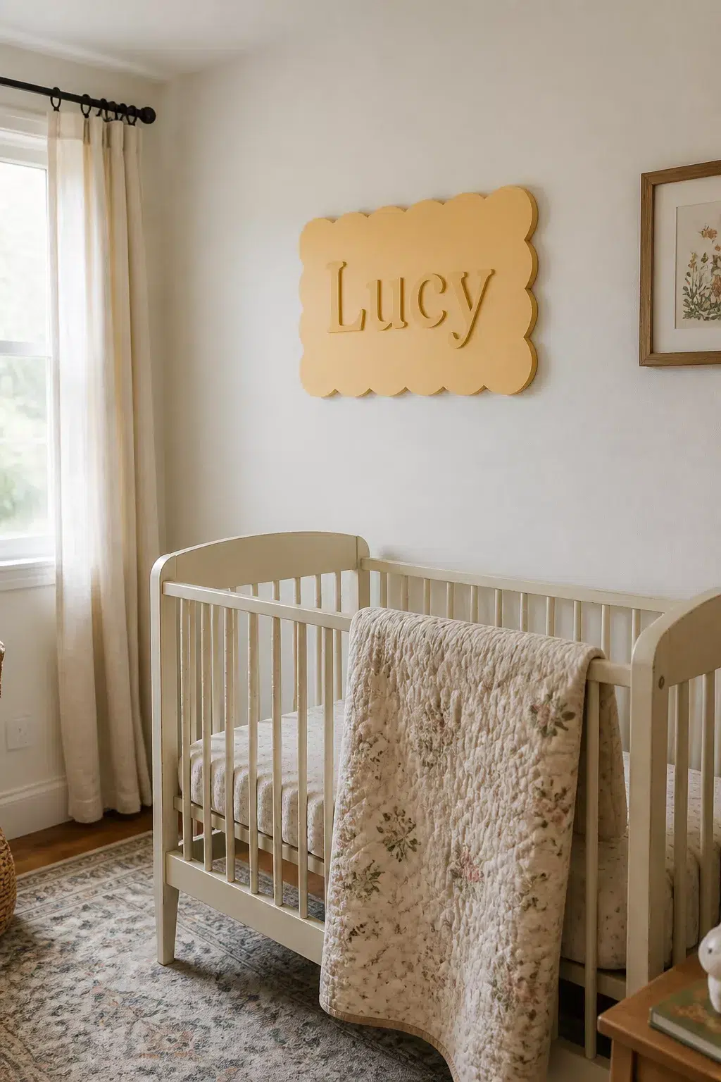 Yellow scallop-edge wooden nursery name sign above a cream crib — nursery name signs for baby girls