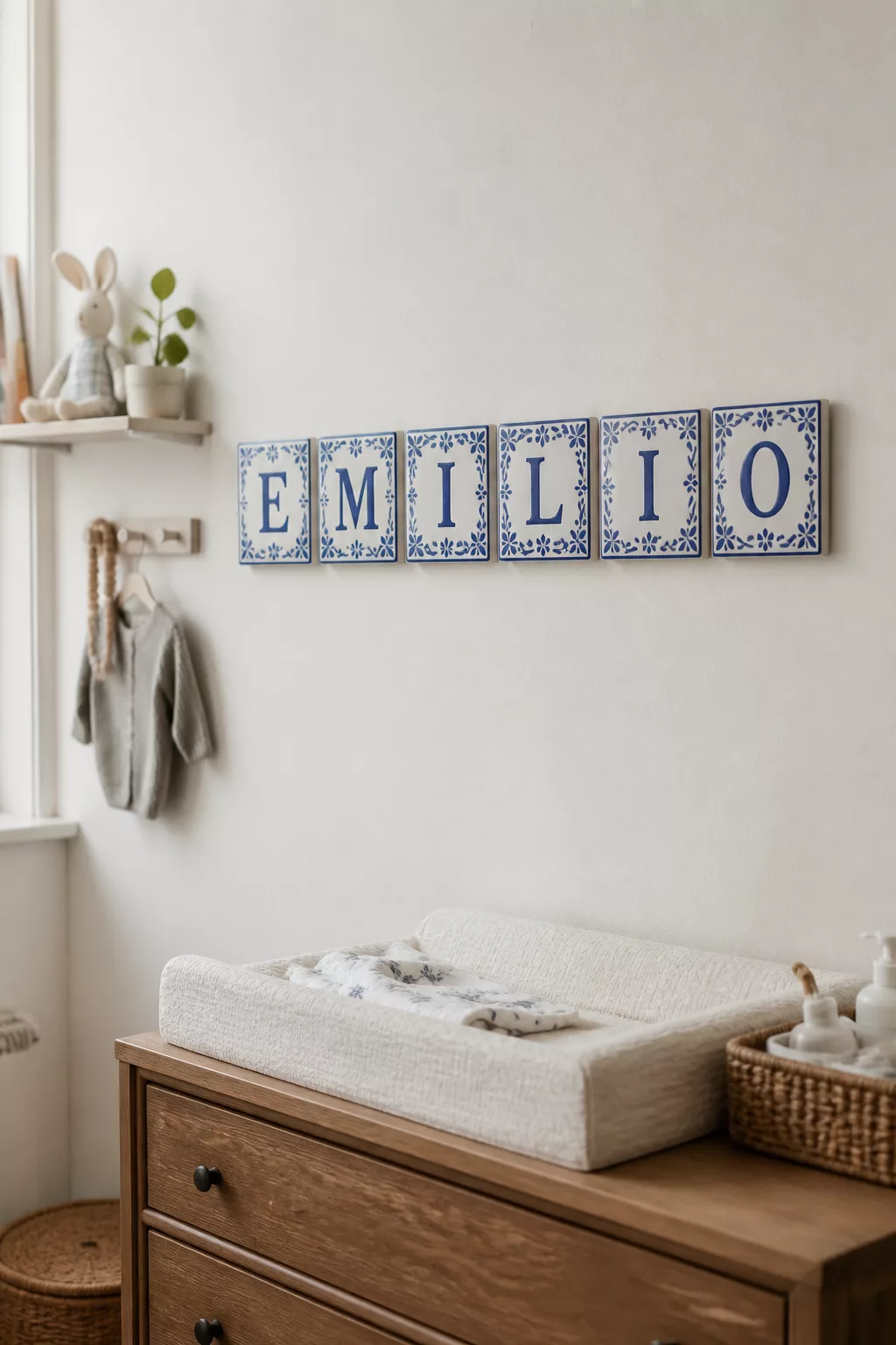 Blue and white ceramic tile nursery name sign spelling EMILIO above a wood changing dresser — nursery name signs idea.