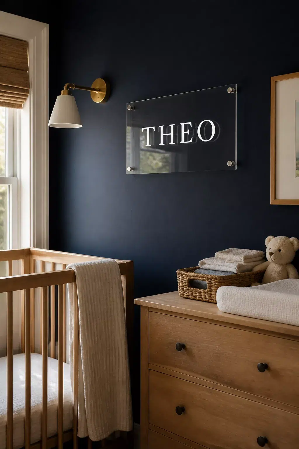 Clear acrylic nursery name sign on navy blue wall above wooden dresser — nursery name signs idea