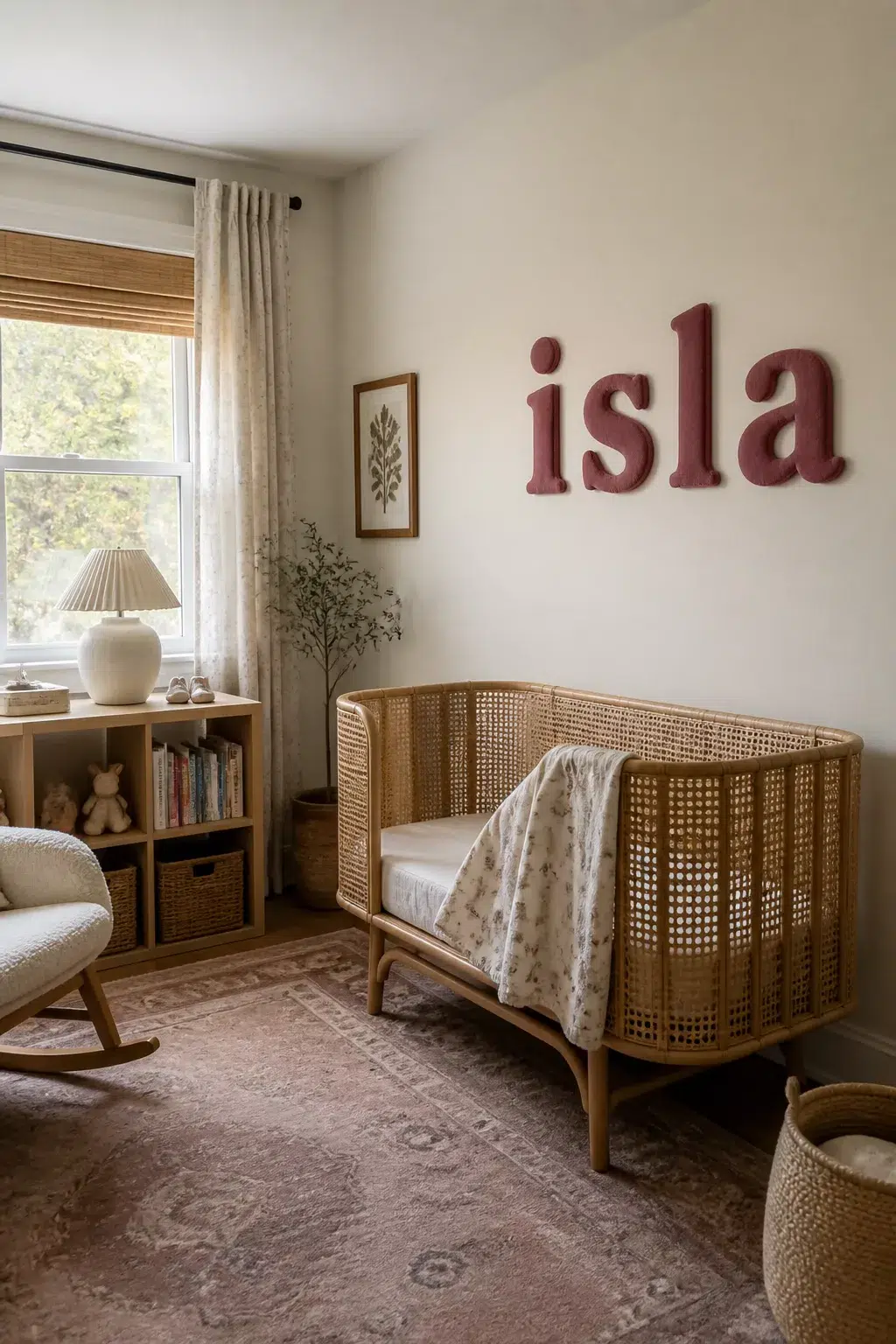 Dusty rose velvet flocked nursery name sign spelling Isla on a cream wall above a rattan crib — nursery name signs inspo