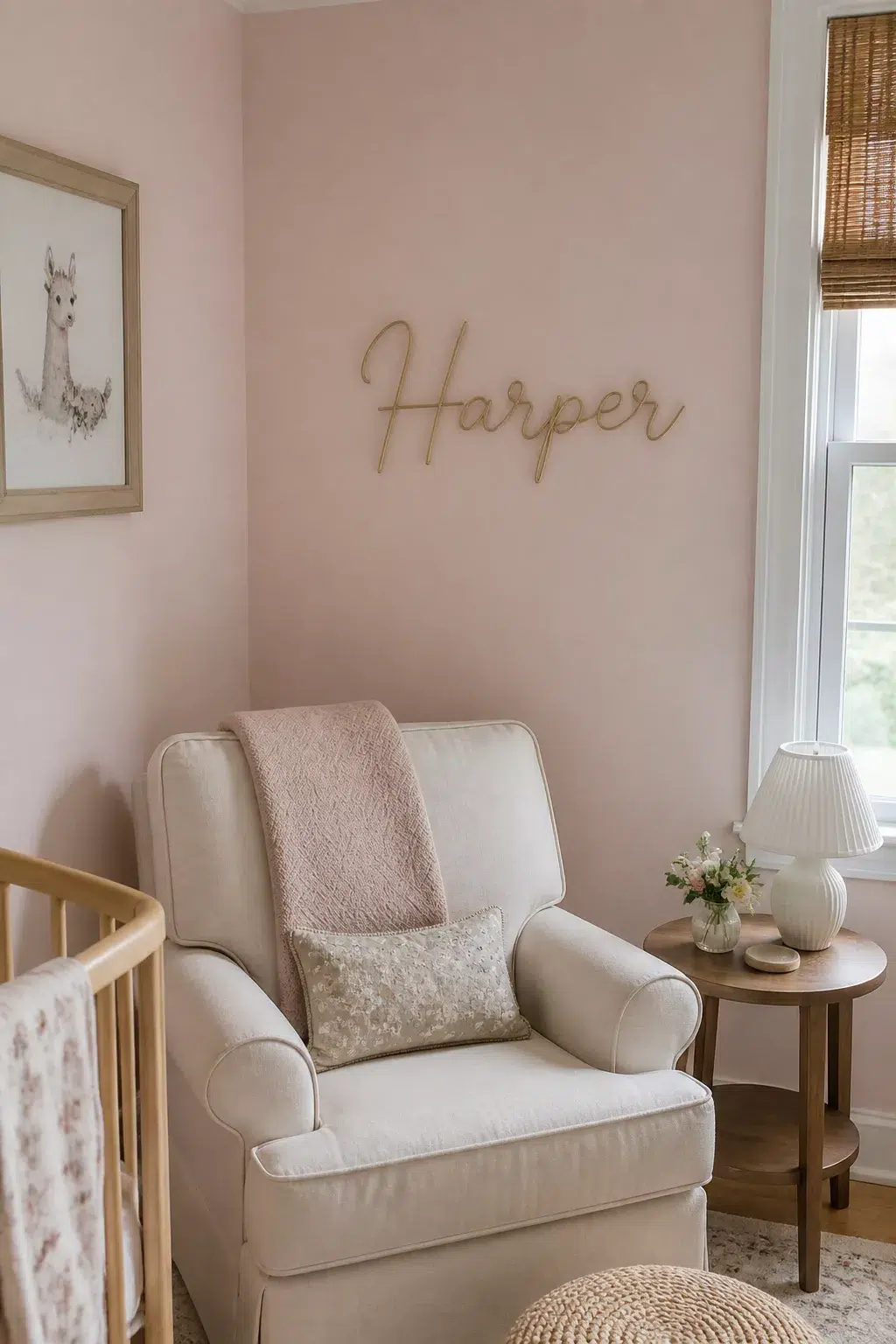 Gold wire script nursery name sign on blush pink wall above glider — nursery name signs inspo