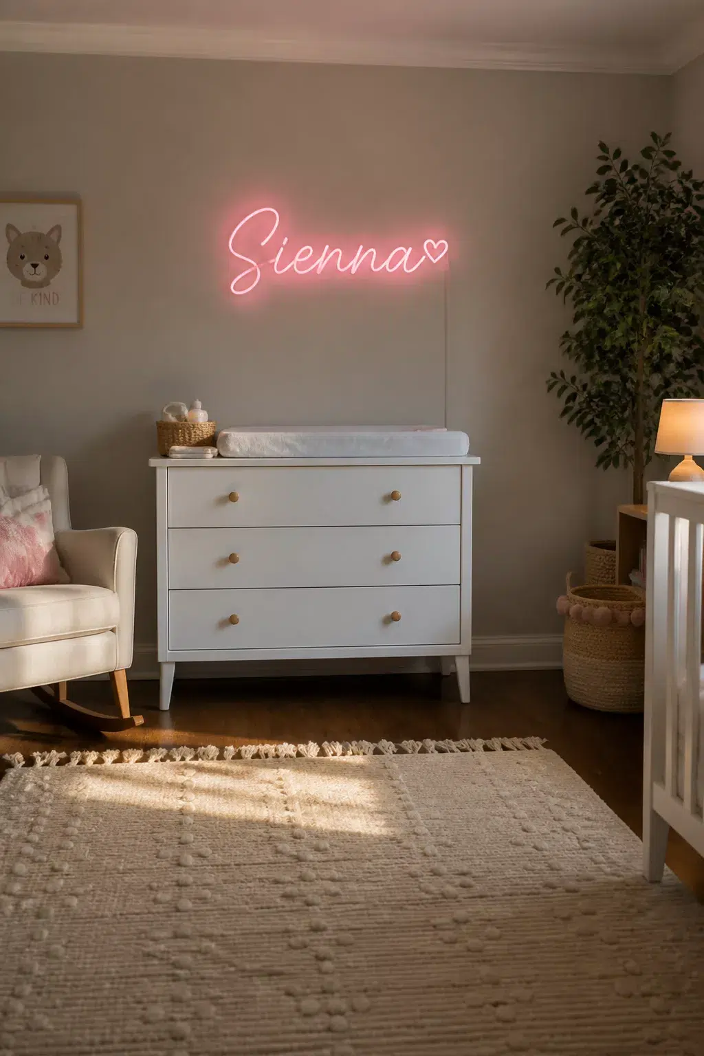 Pink neon LED nursery name sign spelling Sienna above a white dresser — a glowing nursery wall name sign idea.