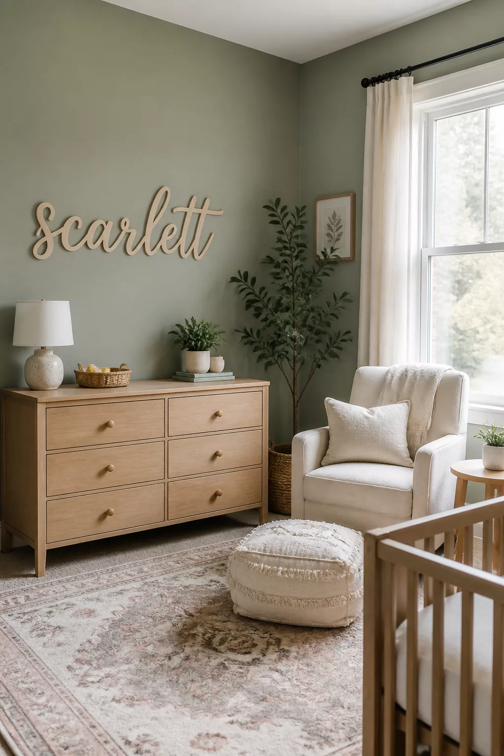 Laser-cut plywood script nursery name sign on a sage green wall above a wood dresser — nursery name signs idea.