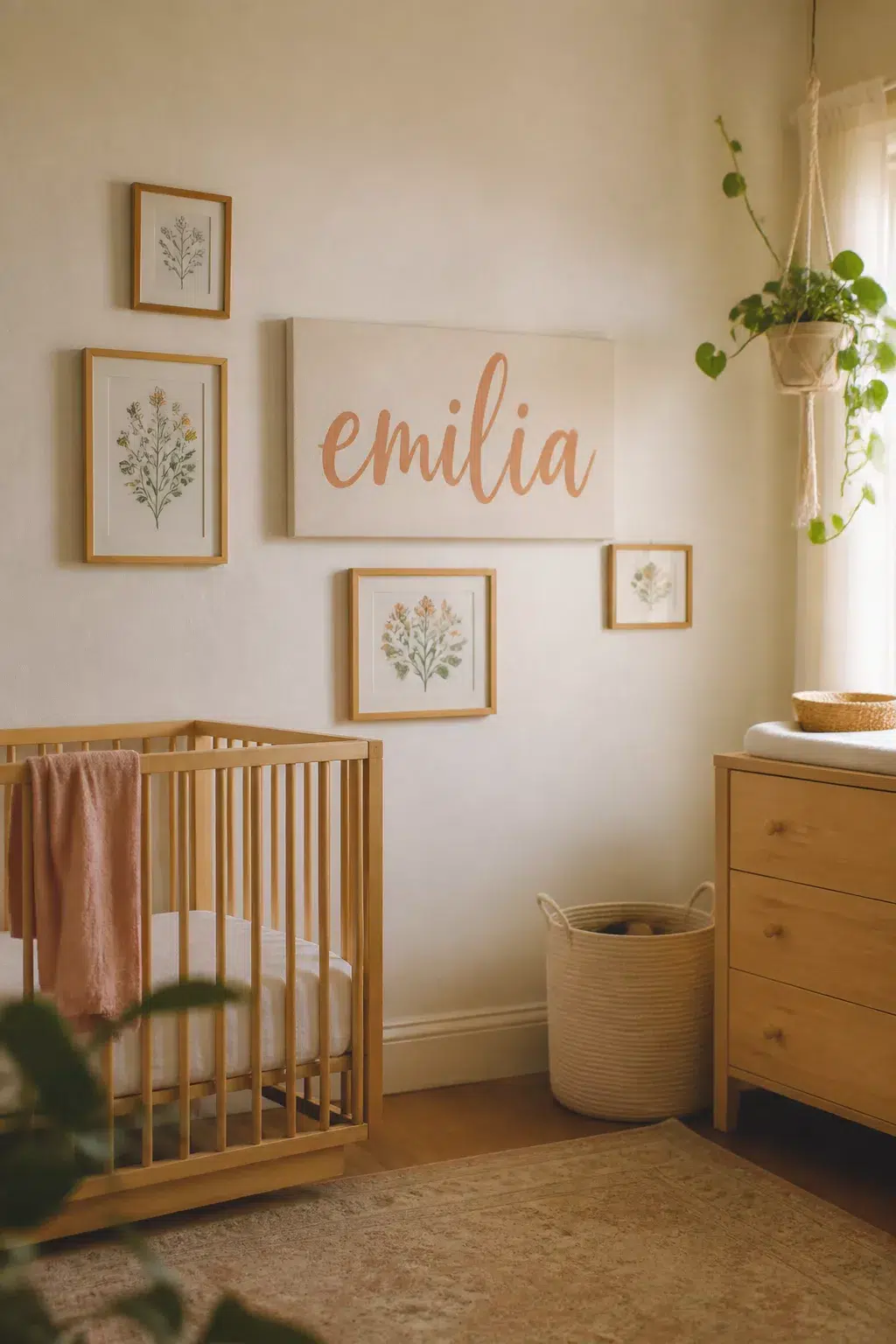 Terracotta hand-painted canvas nursery name sign on a warm neutral gallery wall with botanical prints.