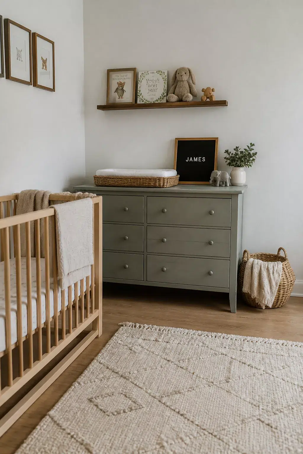 Black felt letter board nursery name sign spelling JAMES on a sage dresser in a neutral nursery.