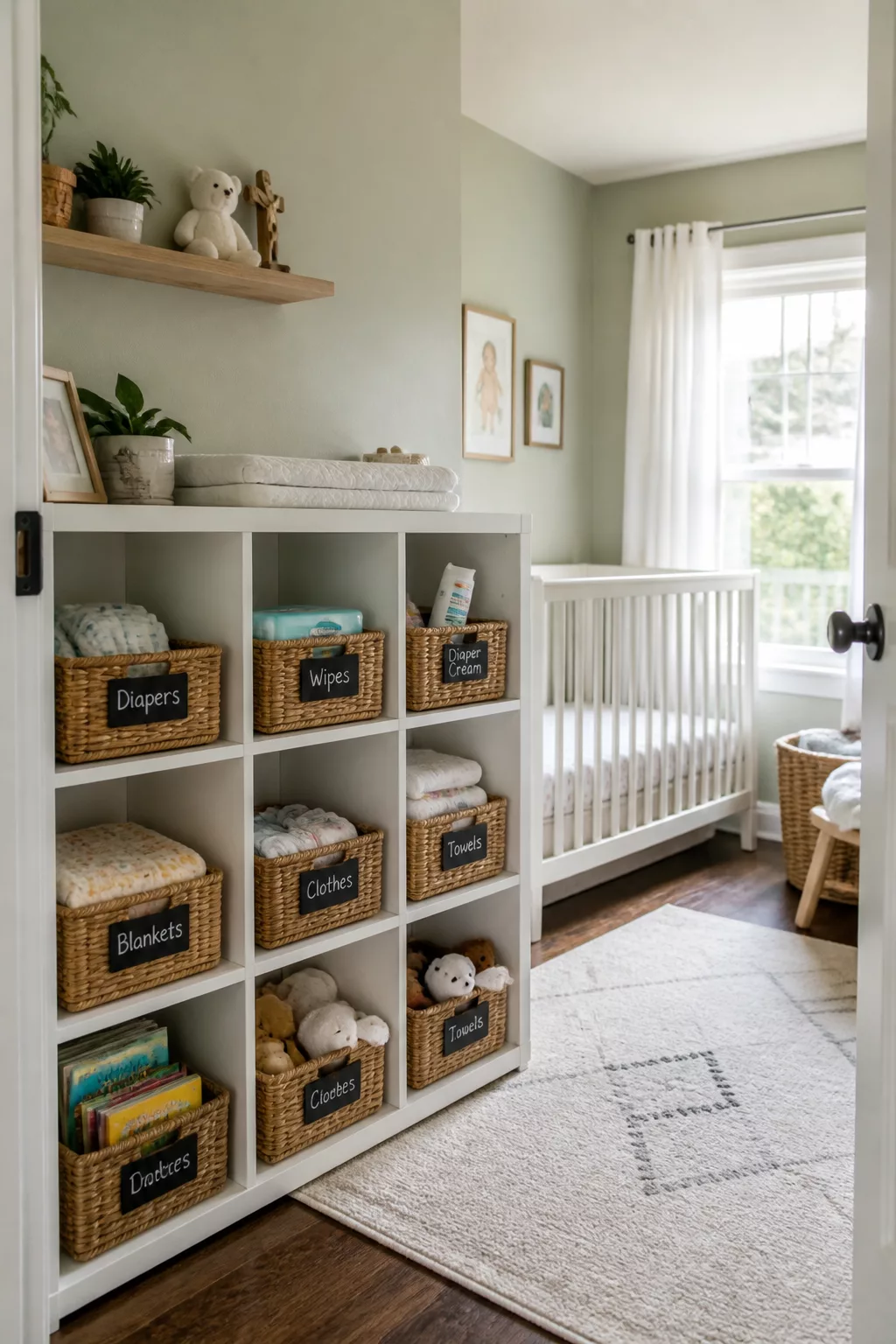 Nursery organization tips using labeled wicker baskets in a white cubby shelf against sage green walls.