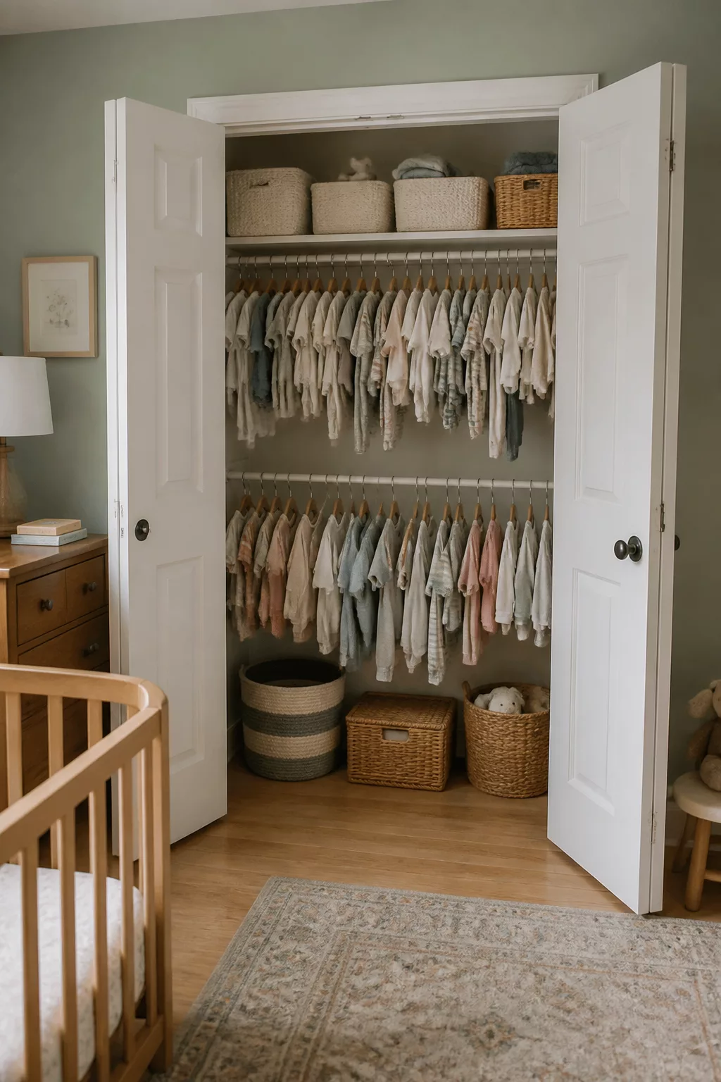 Nursery organization tips: double hanging rod closet with wicker baskets and floor bins for baby clothes storage.