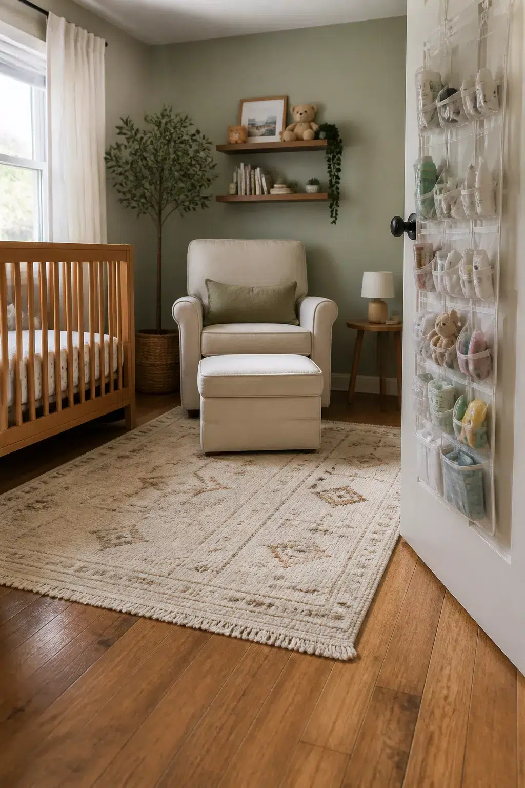 Clear over-the-door pocket organizer in a sage green nursery — nursery organization tips for small spaces.