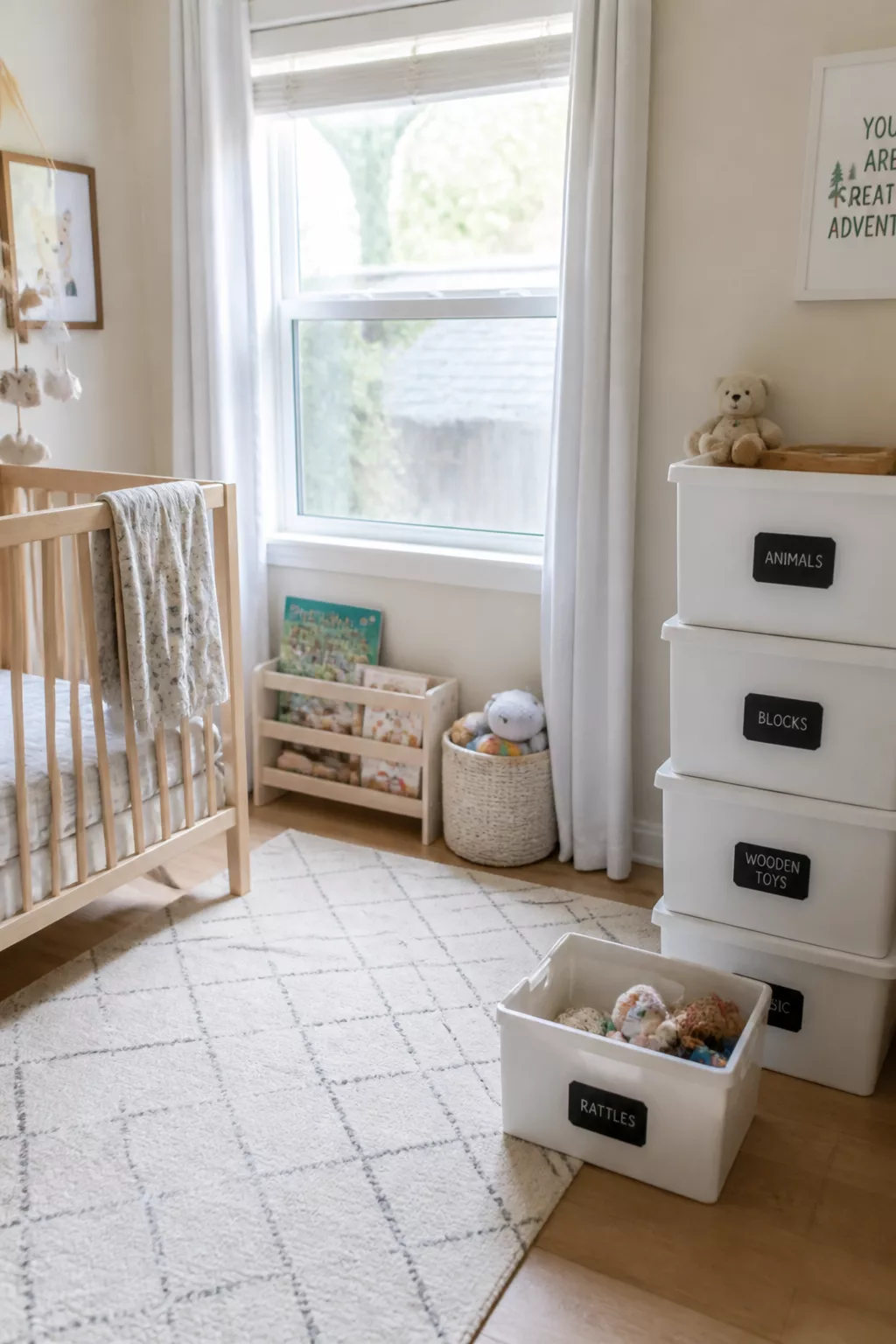 Nursery organization tips using white stacked lidded bins with chalkboard labels for toy rotation in a tidy baby room.