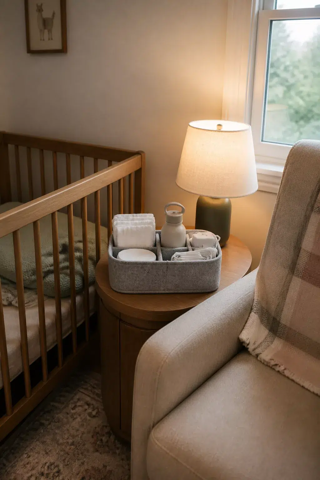 Felt caddy with baby supplies on a round wood nightstand beside a crib — nursery organization tips for night feeding.