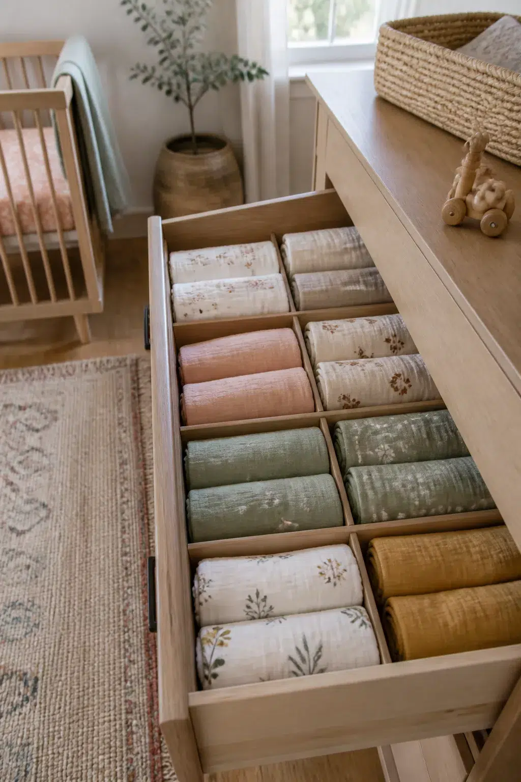 Wood drawer dividers with rolled muslin swaddles in a natural wood dresser — nursery organization tips for tidy storage.