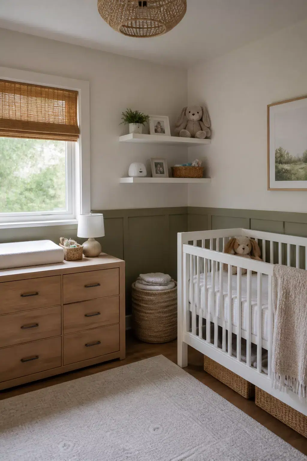 Nursery organization tips: floating corner shelves with wicker basket and decor above a white crib and wood dresser.
