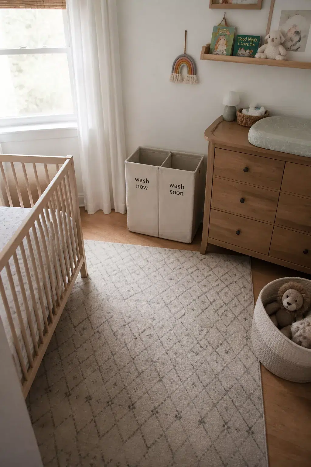 Divided fabric laundry hamper in a warm wood nursery — nursery organization tips for tidy baby rooms