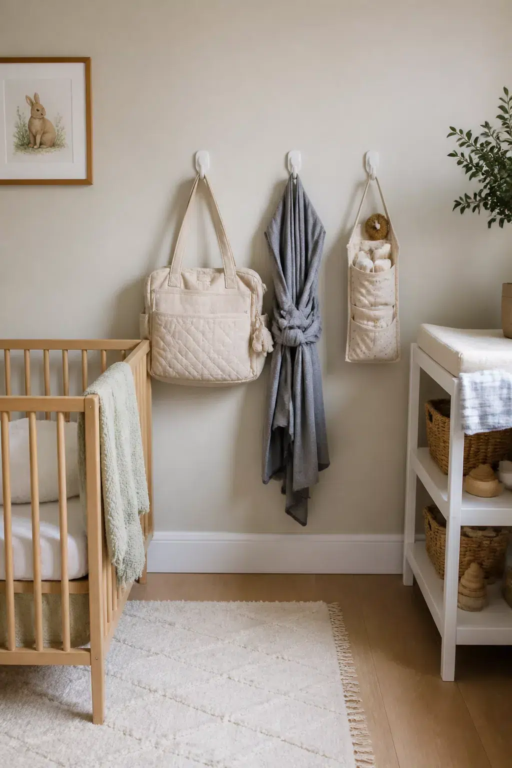 Wall hooks with quilted bags and swaddle in a tidy natural wood nursery — nursery organization tips