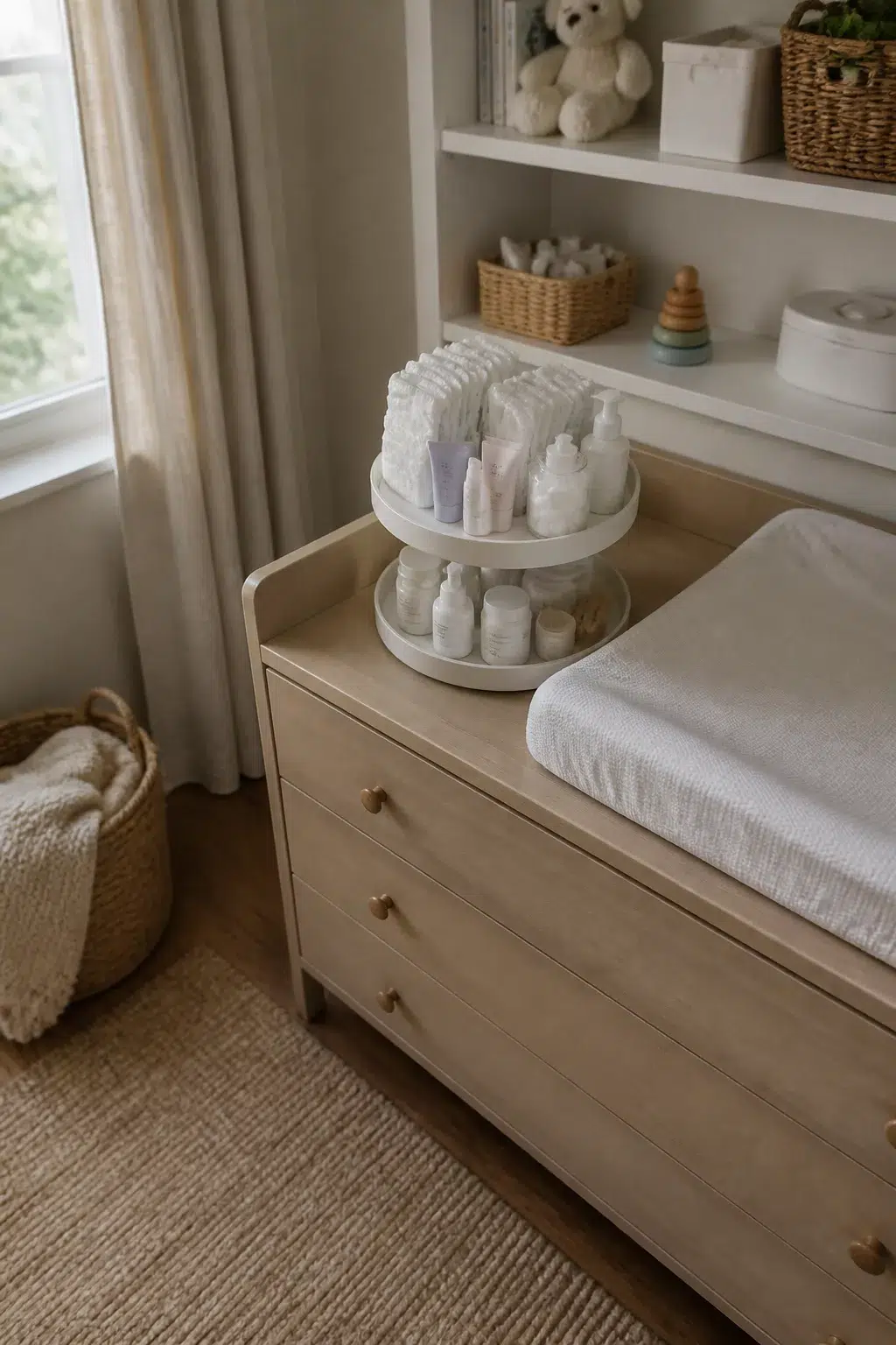 Two-tier lazy susan diaper caddy on a natural wood dresser — nursery organization tips for changing station storage.