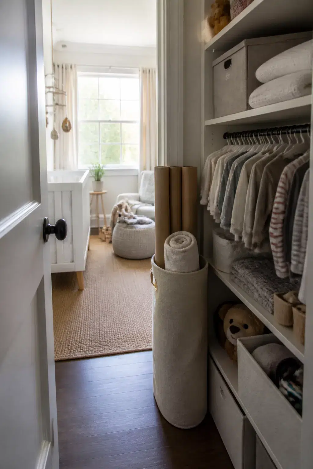 Walk-in nursery closet with canvas bin storing wrapping paper tubes — nursery organization tips for tidy storage.