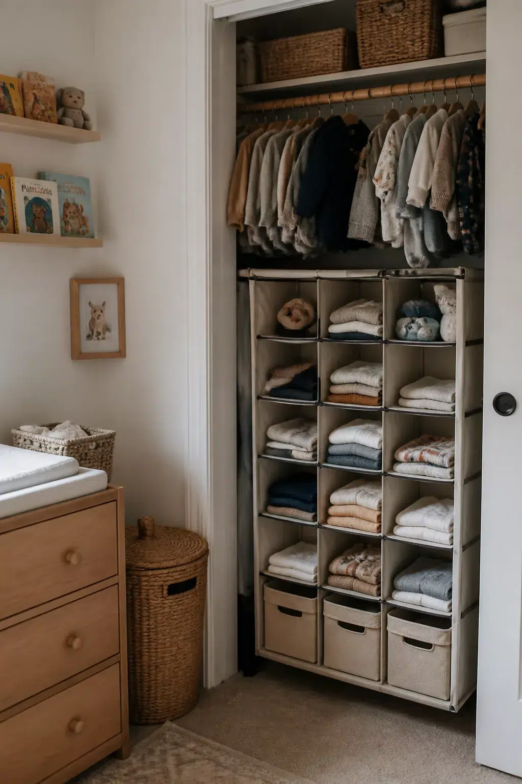 Fabric cube organizer and hanging rod in a tidy baby nursery closet — nursery organization tips