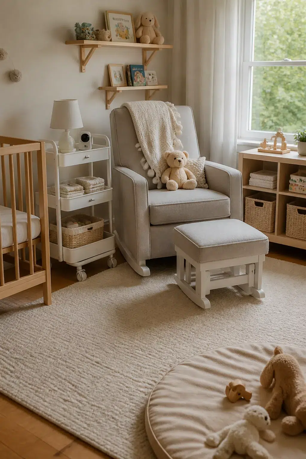 White rolling cart with baby supplies beside a crib and glider — nursery organization tips for nighttime essentials.