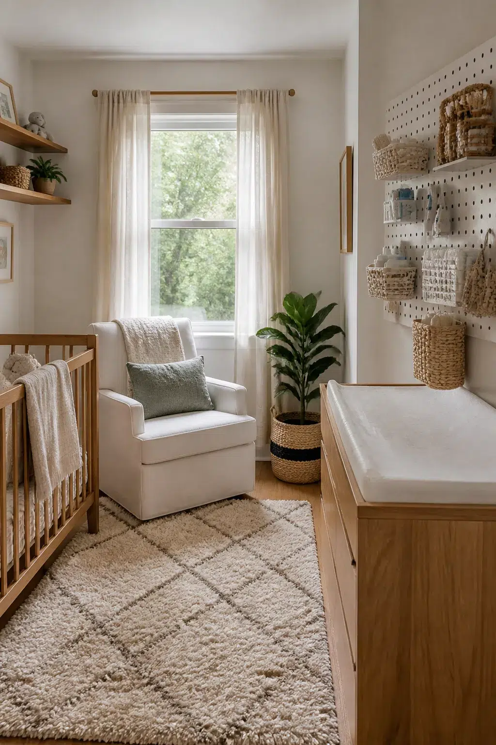 Natural wood nursery with pegboard wall storage and woven baskets — nursery organization tips for small spaces