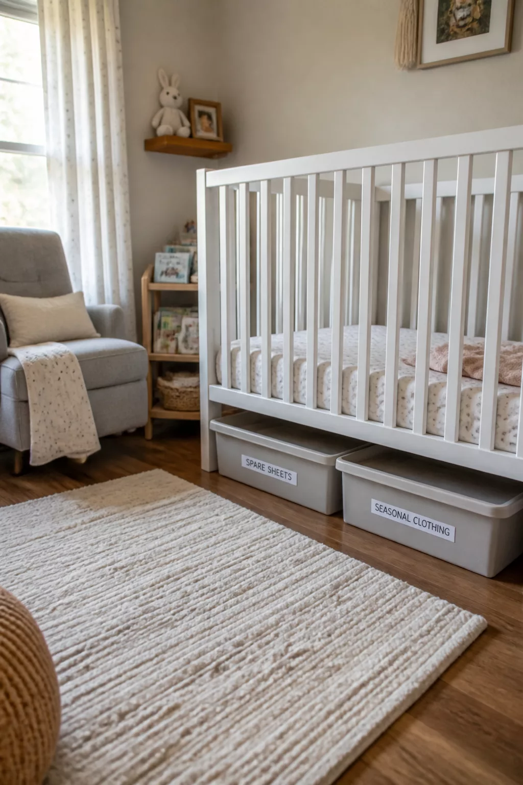 Gray labeled bins for spare sheets and seasonal clothing under a white crib — nursery organization tips for hidden storage.