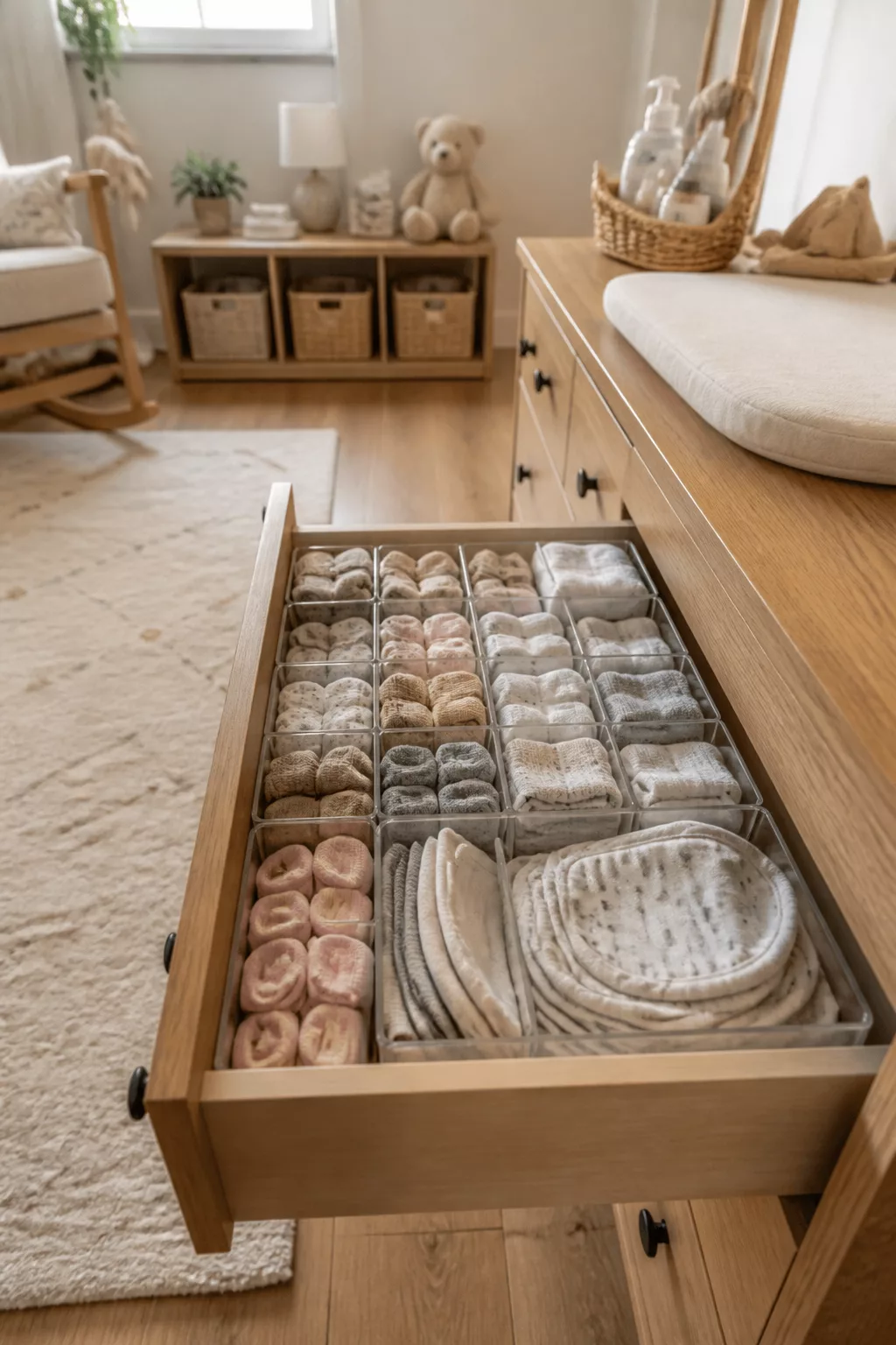 Clear drawer grid inserts organizing rolled baby socks and washcloths in an oak dresser — nursery organization tips