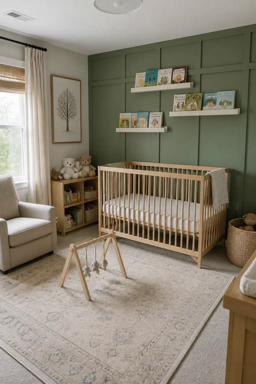 Sage green nursery with white book ledge display wall — nursery organization tips for tidy storage