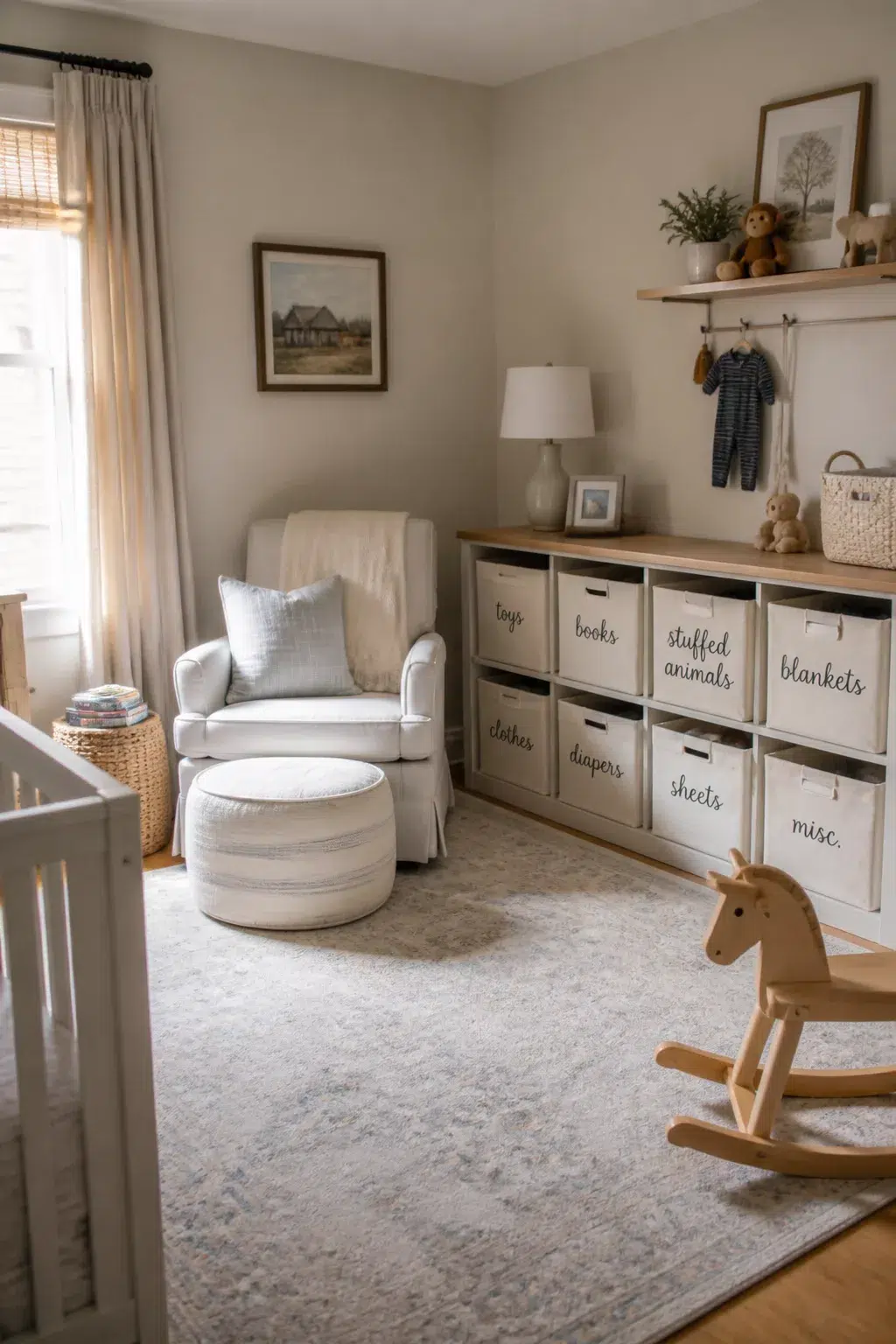 Nursery organization tips: labeled canvas bins in a low cubby unit keep a neutral baby nursery tidy and accessible.