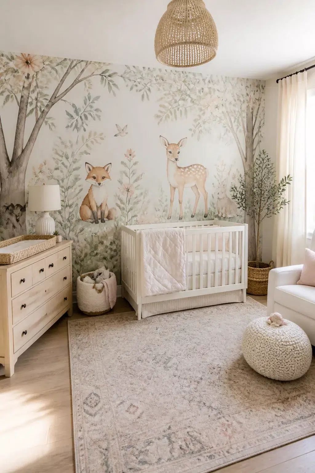 Soft watercolor woodland animal nursery wallpaper designs with fox and deer mural, white crib, and natural wood accents