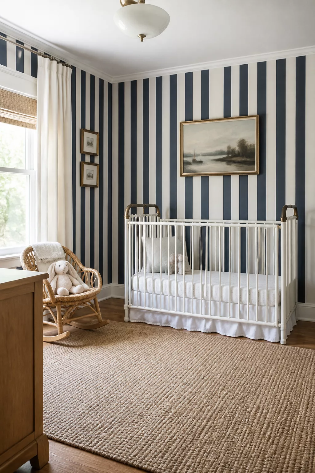 Bold navy and white vertical stripe nursery wallpaper design with white iron crib and rattan rocking chair.