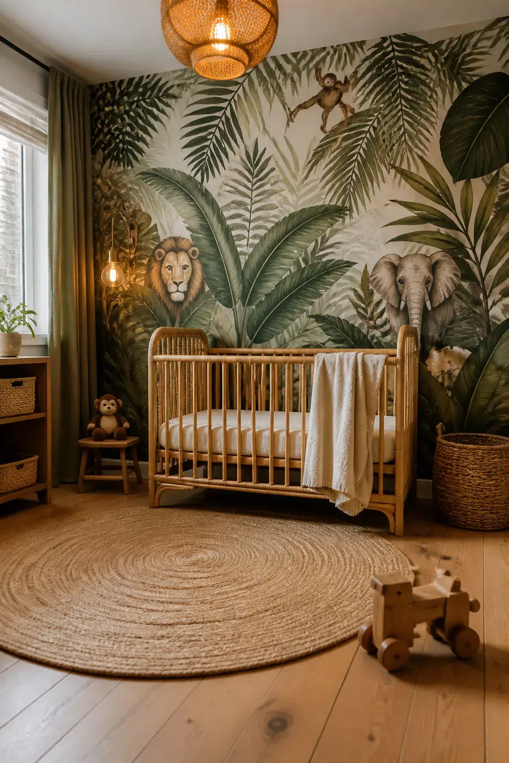 Jungle safari nursery wallpaper design with tropical leaves, lion and elephant mural, rattan crib, and jute rug