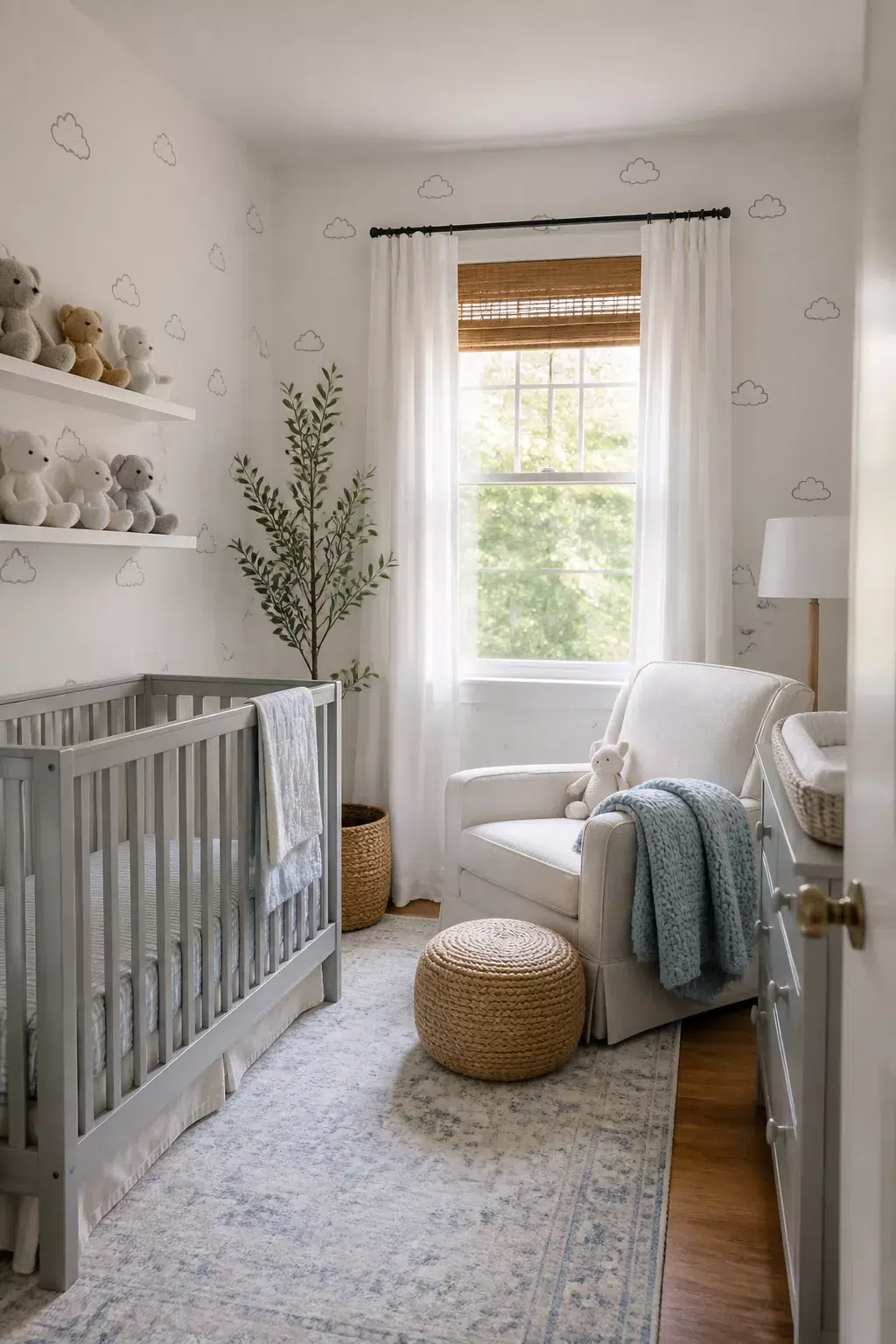 Minimalist cloud scatter nursery wallpaper designs in a soft white baby room with gray crib and cream glider