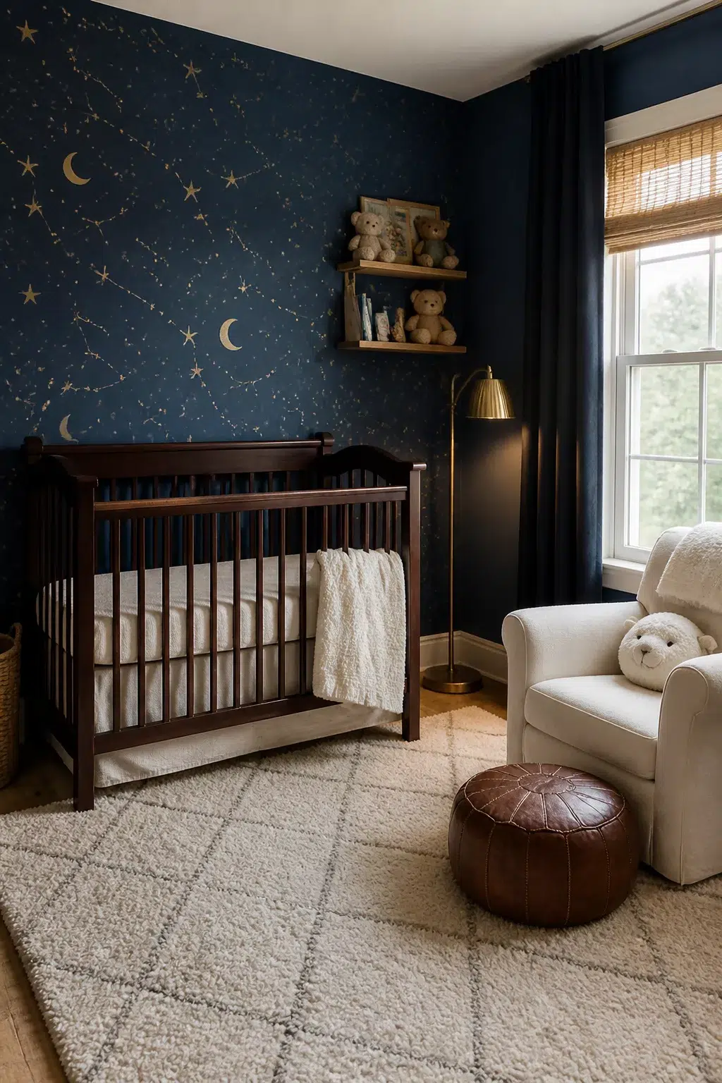 Midnight navy constellation nursery wallpaper designs with gold star map, dark walnut crib, and cream glider