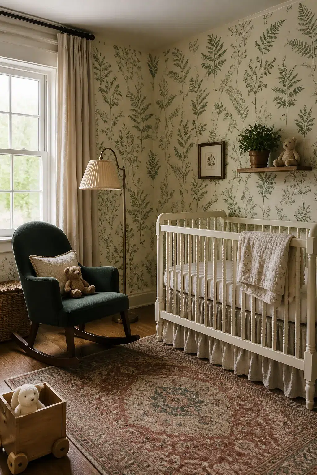 Cream botanical fern nursery wallpaper designs with white spindle crib and teal rocking chair